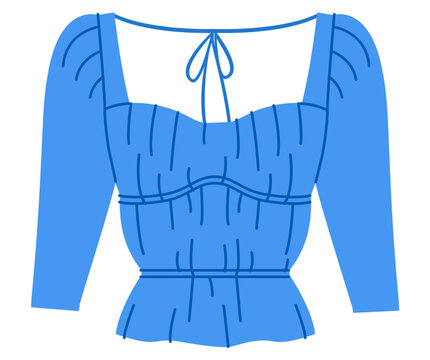 Blue smocked top with long sleeves, square neckline and fitted bodice with gathered texture and waist shaping. Technical fashion illustration front view in flat color, modern clothing template. Vector