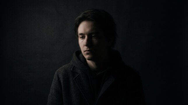 Young man in dark coat and hoodie looking down with thoughtful expression 