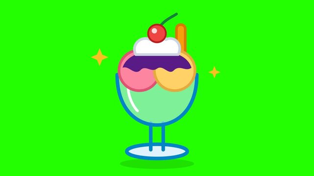 Animated flat vector motion of a sweet ice cream sundae in a glass bowl isolated on green screen