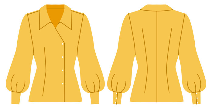 Yellow fitted shirt with puff sleeves, tailored seams and button closure structured shape. Technical fashion illustration in flat color, front back views, clean silhouette, modern apparel design