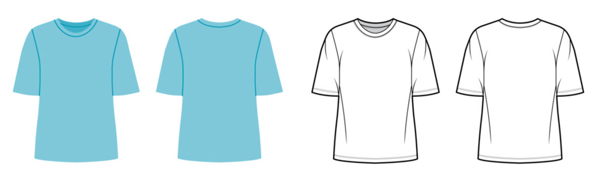 Crew neck short sleeve t shirt relaxed silhouette clean neckline, minimal structure. Technical fashion illustration in black and white color, front back views, modern apparel CAD template. Vector