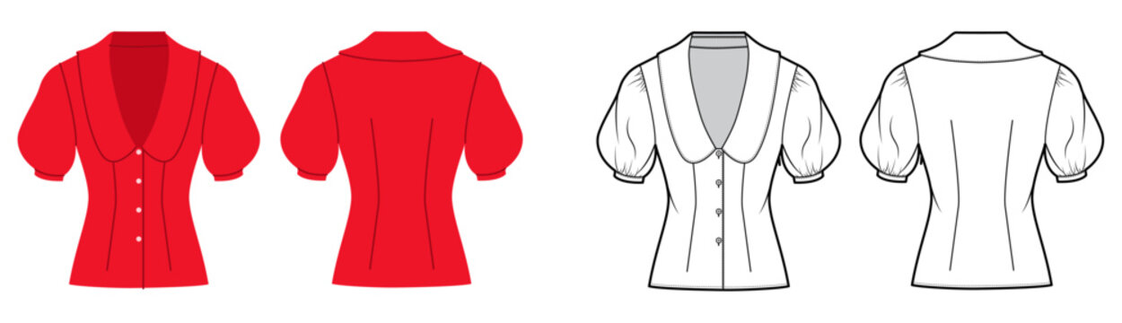 Structured blouse with short puff sleeves and fitted silhouette, shaping seams defined waist contour. Technical fashion illustration in black white color, front back views, modern apparel CAD template