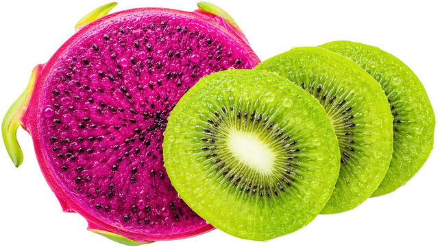 Dragon Fruit and Kiwi Slices with Water Droplets on Transparent Background
