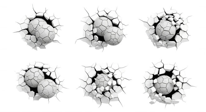 stone spheres break through wall abstract concept white background for illustrations art and visual effects