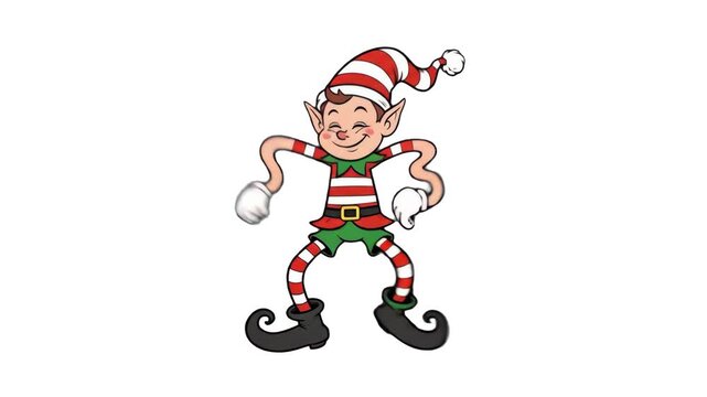 A detailed 3D model of a retro 1930s rubber hose style Christmas elf character wearing striped tights and a Santa helper outfit dancing, isolated against a solid white studio backdrop. Perfect for Chr