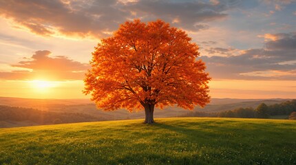 Obraz premium A lone tree with vivid orange autumn foliage stands in a green meadow at sunset, ideal for seasonal travel, nature, conservation, and wellness promotions.