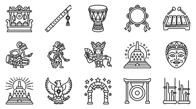 Indonesian Culture Icons: Gamelan, Wayang, Garuda, Traditional Dance, Temple