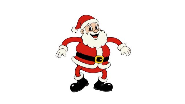 A happy vintage rubber hose style Santa Claus dancing joyfully against a solid white backdrop. Perfect for classic Christmas e-cards, retro holiday ads, and seasonal digital content.