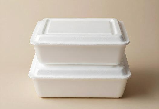 Stacked white styrofoam take out containers for food delivery and restaurant packaging on a neutral background, These disposable plastic boxes are commonly used for lunch, dinner