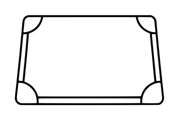 Hand-traced vector line illustration of a rectangular desk blotter pad with rounded curved corner accents, minimalist black outline drawing on white background, simple and clean vintage writing © Md
