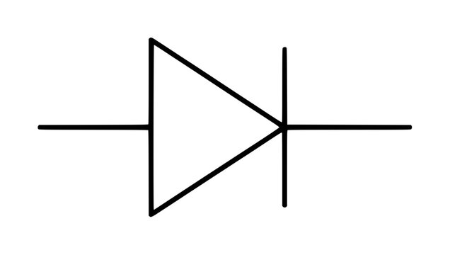 Hand-traced minimalist black vector icon of a semiconductor diode electronic circuit symbol with triangular arrow and cathode line on white background isolated illustration