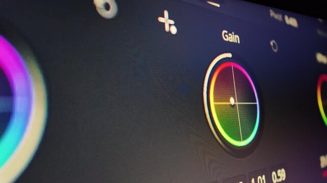 Color grading gain wheel interface on professional editing software davinci resolve