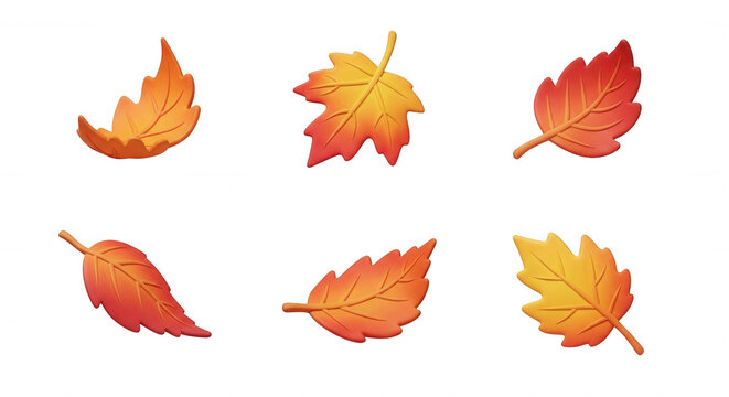 six 3d rendered cartoon autumn leaves floating against a clean white background seasonal design or decoration