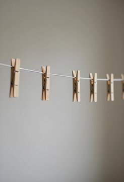 Wooden clothespins hanging on a white clothesline against a neutral gray background laundry and household chores, the simple natural objects are arranged in a row on a clean neutral gray