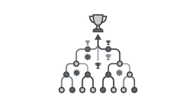 Infographic tournament bracket tree leading to a winner trophy.