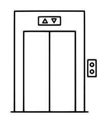 Hand-traced vector icon illustration of a classic elevator door featuring up and down directional arrows with a side-mounted call button panel, minimalist line art design for architecture and transit © Mali