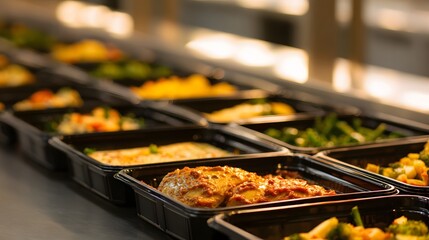 Obraz premium Prepared meal trays with assorted food on commercial kitchen counter.