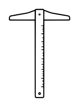 Hand drawn black outline vector icon of a drywall T square measuring tool with ruler markings on a long handle and crosshead bar, isolated on white