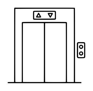 Minimalist hand-drawn elevator vector icon illustration featuring closed doors, directional arrow buttons, and external call panel on white background