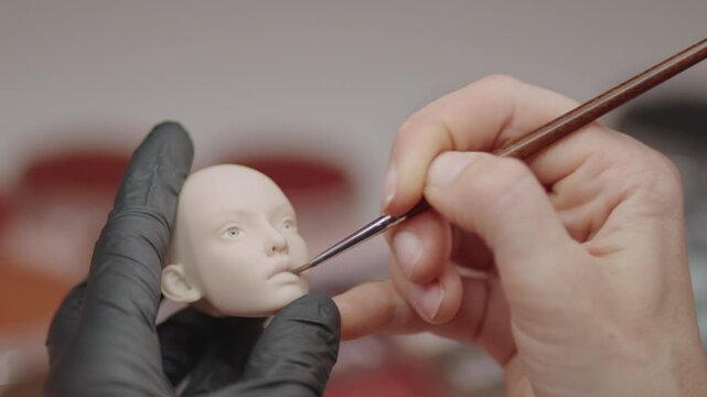 Macro view of an artist painting delicate facial features on a female PLA ball jointed doll with a fine detail brush.