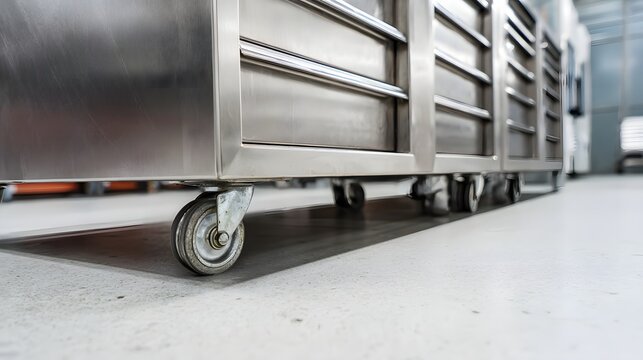 Stainless steel utility carts with caster wheels in commercial kitchen.