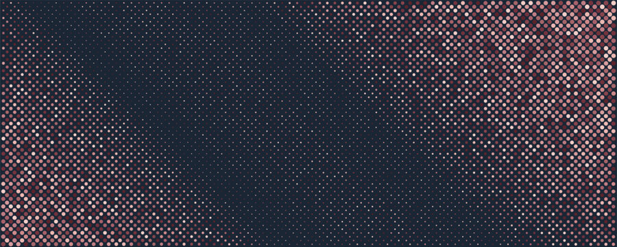 Rose gold glowing halftone dots pattern shimmering on dark blue backdrop with central copy space. Luxury celebration backdrop.