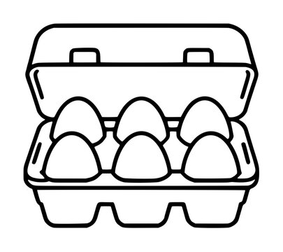 Hand-traced vector icon of an open egg carton containing six fresh eggs arranged in neat rows, clean line art illustration with minimalist black outline on white