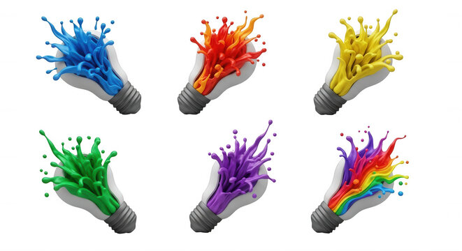 colorful paint bursts out of light bulbs creativity and innovation on a white background ideas and concepts