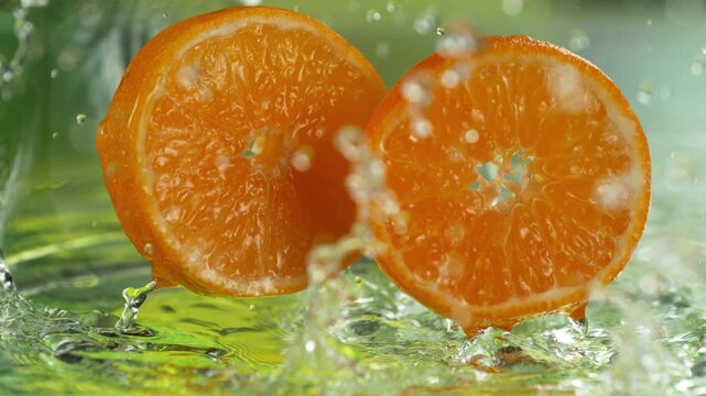 Super Slow Motion Shot of Fresh Tangerine Falling into Water and Making Splash at 1000fps.