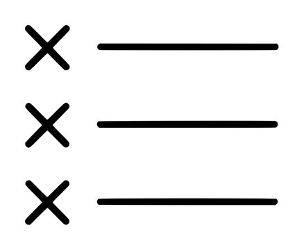 Hand-traced vector icon of a checklist with three crossed-out rows rendered in minimalist black line art on white background, perfect for task management and list illustration