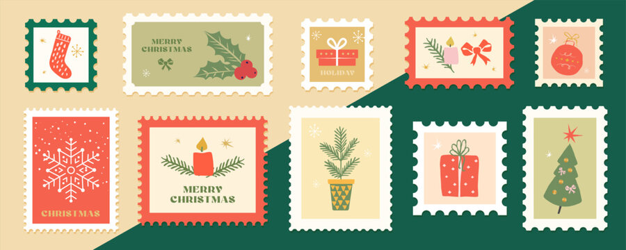Stamp post letter and christmas mail frame with postage icon stickers. Xmas gift graphic and paper holiday old with patch vintage postcard.