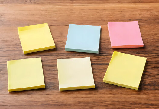 Multiple colorful blank sticky notes scattered on a rustic wooden desk, office organization and reminder