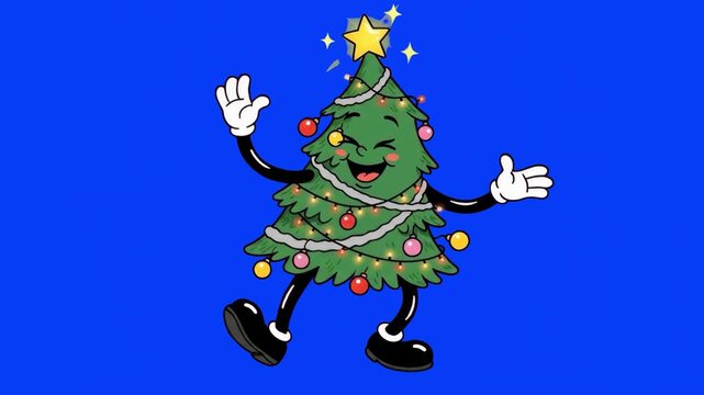 A retro 1930s rubber hose style cartoon mascot of a cheerful Christmas tree adorned with ornaments and a glowing star, dancing joyfully on a solid blue chroma key background. Perfect for keyable holid