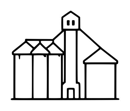 Hand-drawn grain elevator vector icon illustration featuring industrial silos and storage towers, simple black outline sketch depicting agricultural facilities
