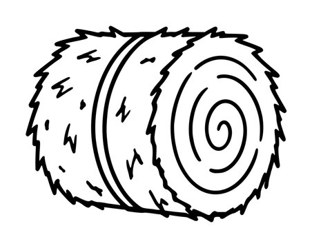 Hand-drawn hay bale vector icon illustration in black line art style showing a cylindrical rolled straw bale with spiral side and textured straw edges, perfect for farming and agriculture designs