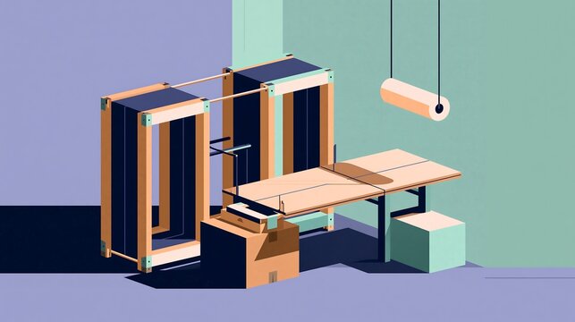 Isometric view of a workshop area with wooden storage frames, tables, and suspended paper roll