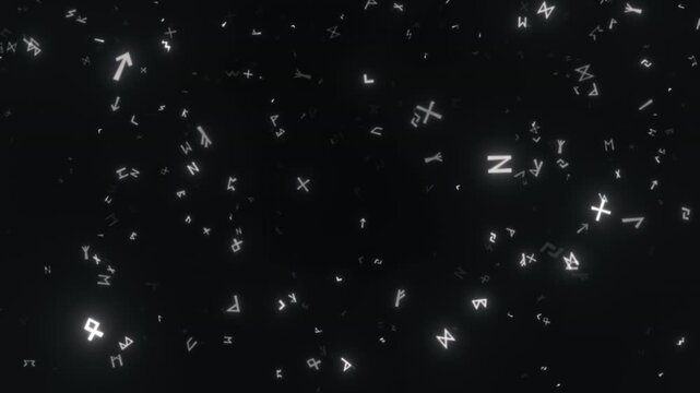 Flying abstract runic symbols. Magic, mystical background. Seamless loop