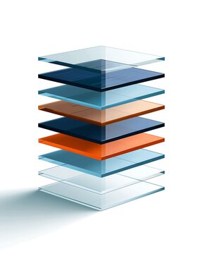 Stack of transparent glass plates with blue and orange tints on a clean