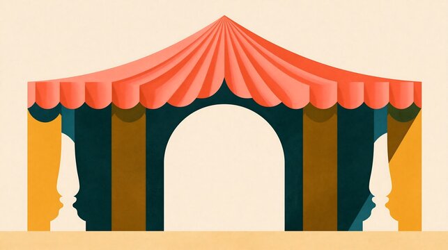 Stylized circus tent entrance with coral fabric roof and dark green arched columns