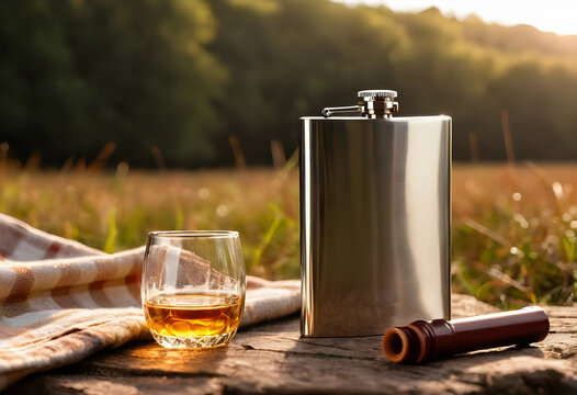 Stainless steel hip flask and whiskey glass on a wooden surface outdoors with a natural background, a plaid fabric blanket is visible next to the glass