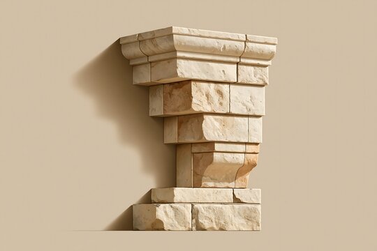 Weathered stone corbel bracket with rough texture and sharp shadow on a neutral beige