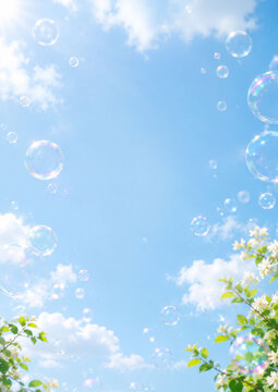 Spring Blue Sky with Soap Bubbles and Blooming Tree Background