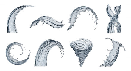 Fototapeta premium water splashes art isolated on a white backdrop various water forms for use as design elements