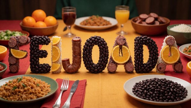 Table variety food items arranged shape word eco-friendly center made small black beans orange slices way form