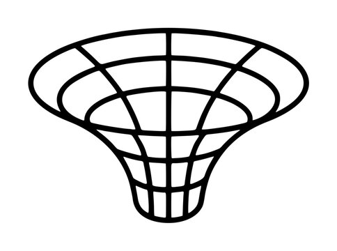 Hand-drawn black vector icon illustration of a gravity well funnel with concentric elliptical rings, vertical grid lines, and a tapered central spout on a white background