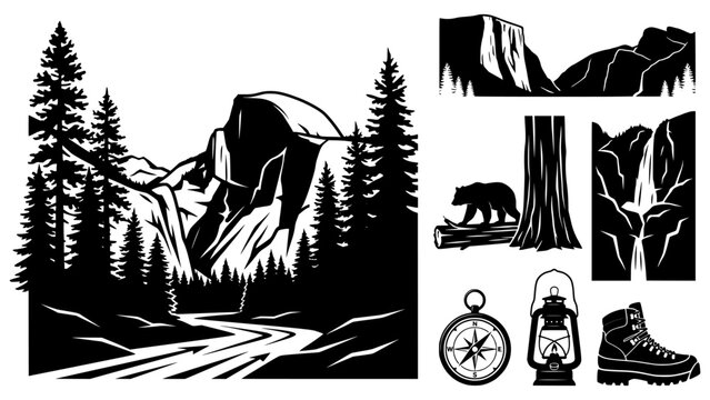Yosemite National Park Vector Silhouette Set with Half Dome, El Capitan, Waterfall, Bear, Sequoia Tree, and Outdoor Camping Gear