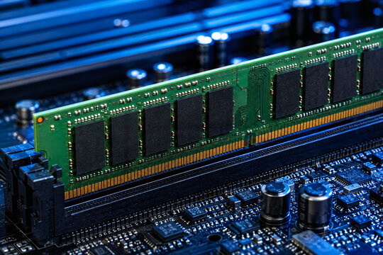 Close-up of computer RAM (Random Access Memory) modules installed on a motherboard, technology and hardware background