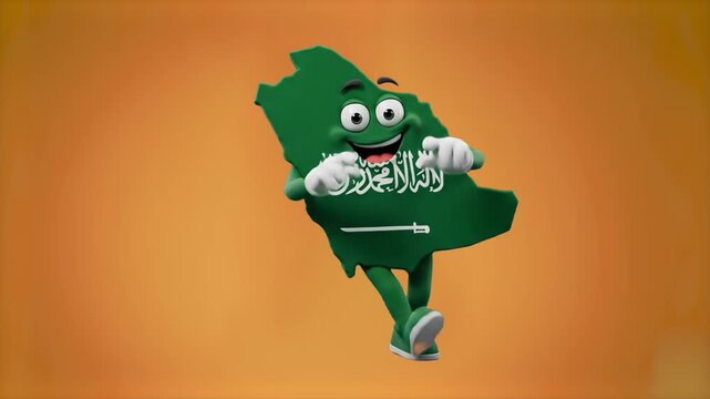 A detailed 3D model of the Saudi Arabia map shape as a cheerful animated character with the green Saudi flag pattern and sword, dancing enthusiastically against a solid orange studio backdrop. Ideal f