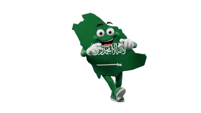 A detailed 3D model of the Saudi Arabia map shape as a cheerful animated character with the green Saudi flag pattern and sword, dancing enthusiastically against a solid white studio backdrop. Great fo