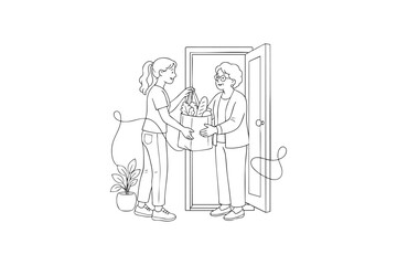 Obraz premium Volunteer delivering groceries to senior woman line illustration
